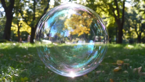 Sunlit soap bubble hovers above a tranquil green park lawn