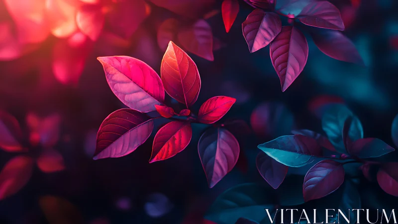 Glowing magenta leaves in a dreamy twilight garden.