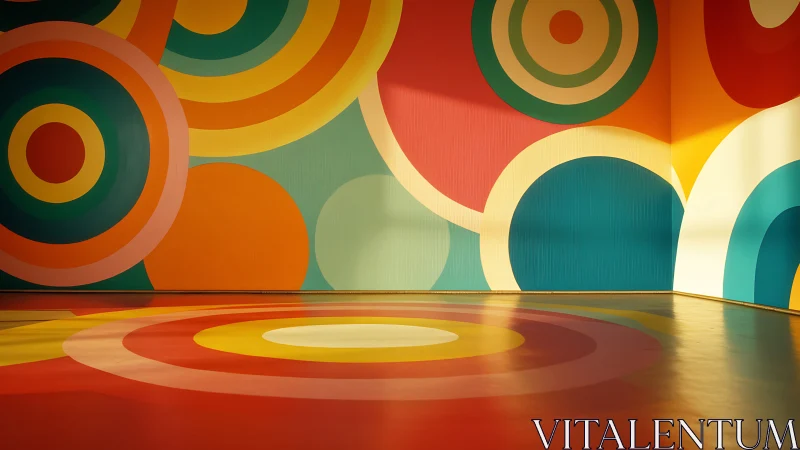 Colorful concentric circles fill a playful modern gallery room