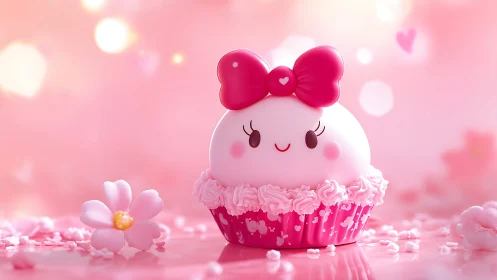 Cute Kawaii Cupcake Character in Pink Bow