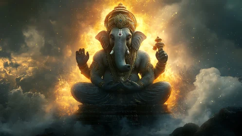 Radiant elephant-headed deity sits calm within glowing fire halo