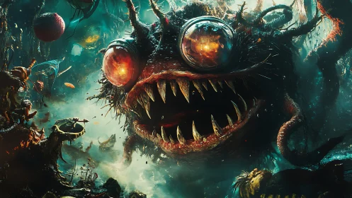 Bioluminescent abyssal monster lunges through toxic depths