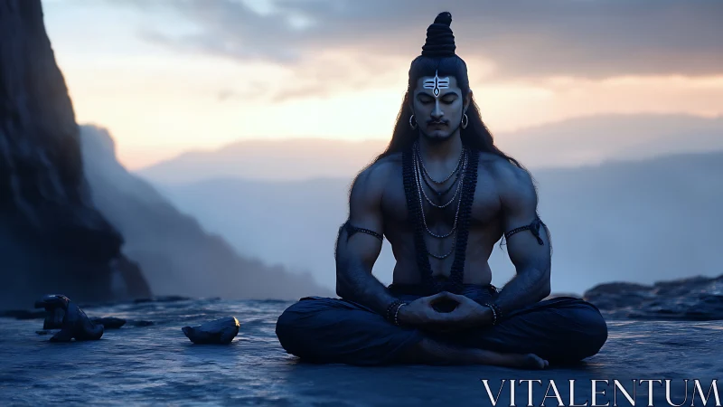Meditating ascetic seated on cliff at calm mountain dawn.