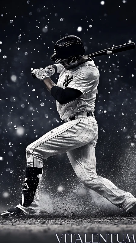 Monochrome baseball batter mid-swing with motion particles