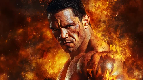 Warrior emerges from blazing inferno with steel focus.
