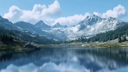 Snow covered mountain range reflected in calm lake surface.