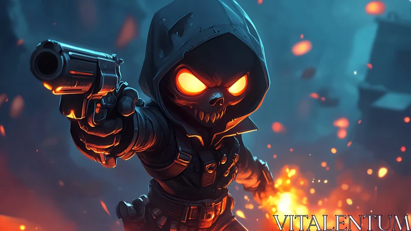 Fiery hooded skull hero strides through glowing night streets.