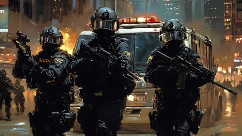 Urban tactical police squad advances amid burning city streets.