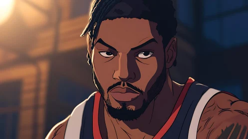 Focused streetball player under warm city lights.