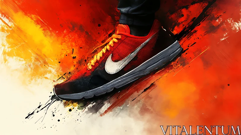 Dynamic red sneaker rendered in high-impact digital abstraction
