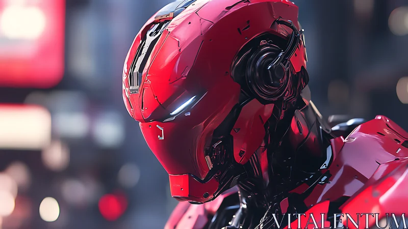 Red humanoid combat robot in urban night environment.