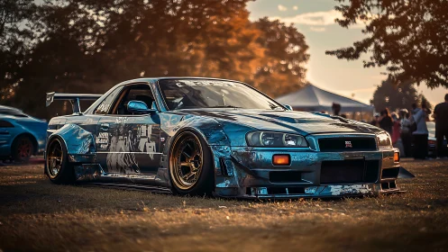 Modified blue tuner car under warm sunset light at show.