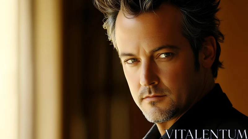 Cinematic male portrait in shallow-depth warm tonal lighting.