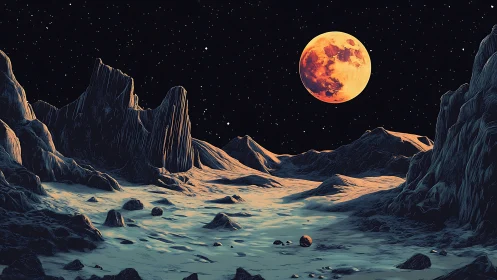 Lunar Badlands Under Blood Moon, Wide Digital Landscape Study.