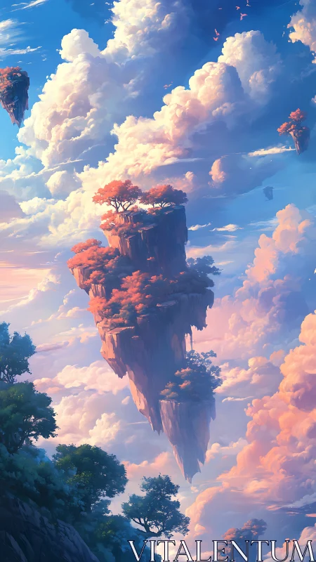 Drifting sky islands glow softly above a dreamy sunrise