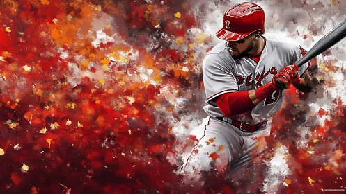 Fiery baseball batter ready to swing in a burst of color.