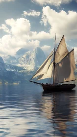Soft-sailed schooner drifting beneath humbling mountain skies.