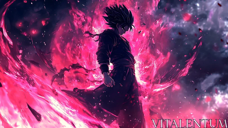 Anime energy warrior engulfed in crimson flame vortex composition.