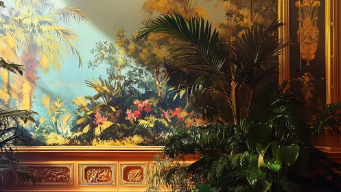 Interior tropical mural with dense plants and ornate trim.
