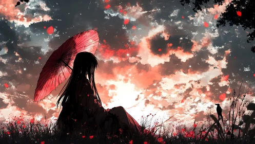 Silhouetted girl with red umbrella studies a luminous sunset sky