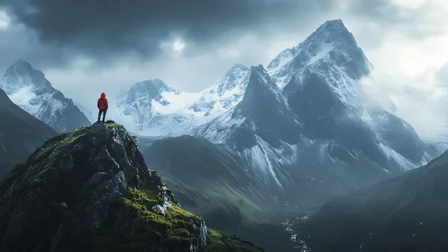 Solitary hiker in vivid red amid storm-laden alpine giants.