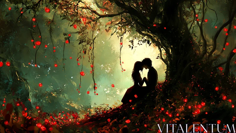 Silhouetted lovers kissing beneath a luminous forest canopy