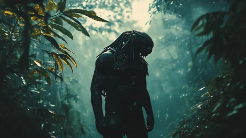 Silhouetted alien figure standing in dense misty jungle.