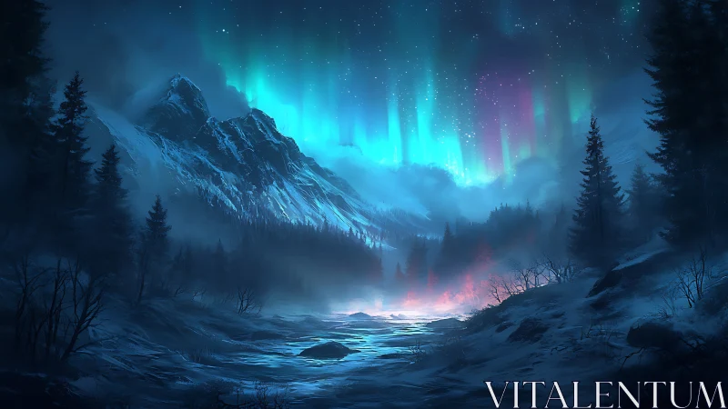 Northern mountain valley under vivid aurora display.