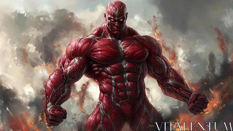Towering muscle titan strides forward through roaring fire