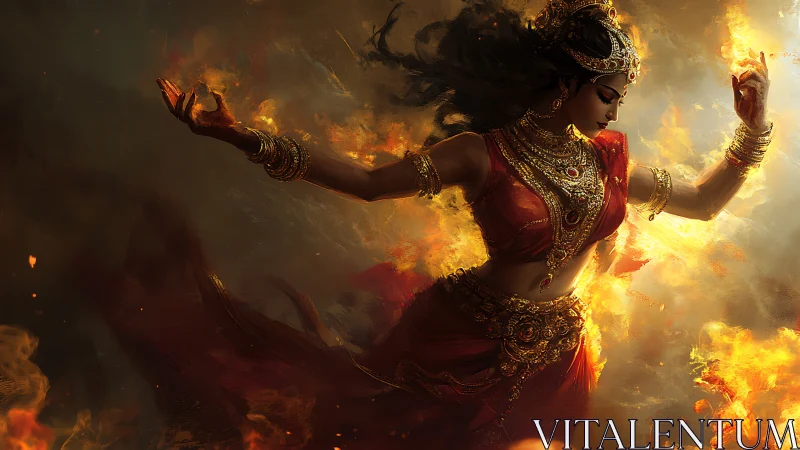 Fiery goddess dancer commands swirling golden flames
