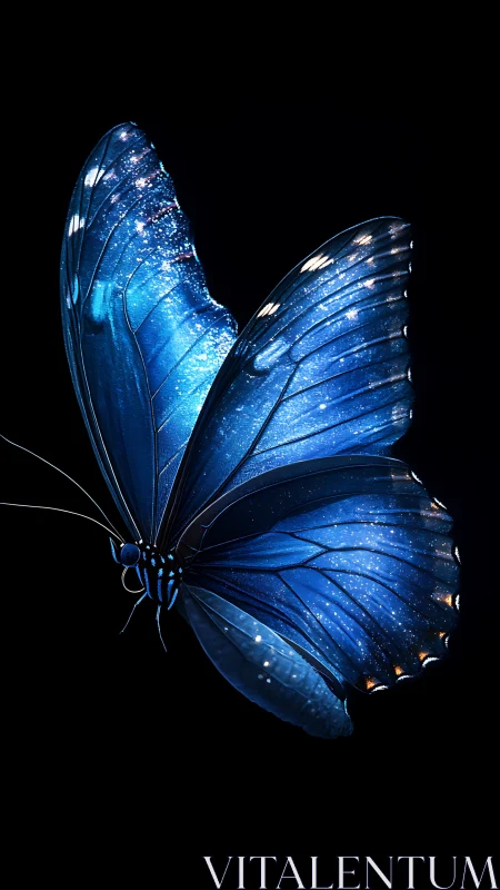 Blue butterfly with luminous patterned wings on black field.