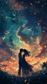 Silhouetted couple embracing beneath turbulent sky with luminescent atmospheric phenomena