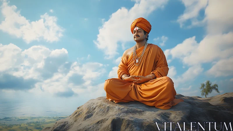 Peaceful orange robed monk meditating under soft blue sky.