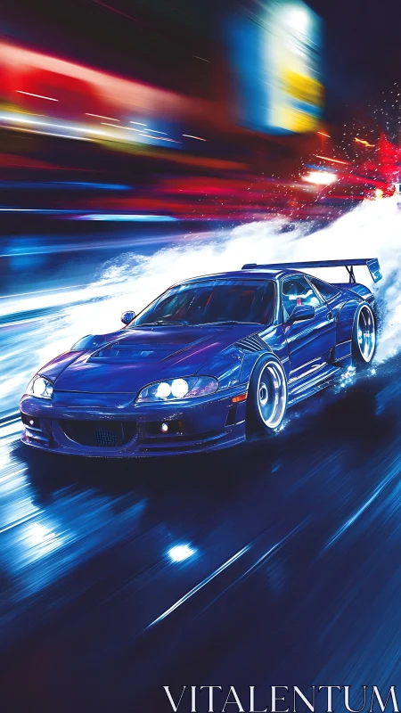Modified sports coupe drifts through illuminated wet roadway