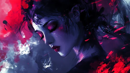 Dream-drowned portrait in electric crimson and midnight blue.