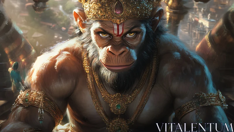 Simian warrior king glows in divine gold and stormlight.