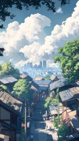 Sunlit hillside alley meets distant modern city skyline