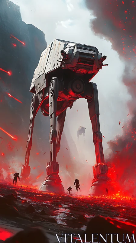 Colossal walker strides through fiery battlefield valley.