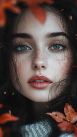 Autumn portrait of freckled woman with cinematic blue eyes.