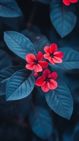 Vibrant Blooms Dance Among Cool Blue Leaves.