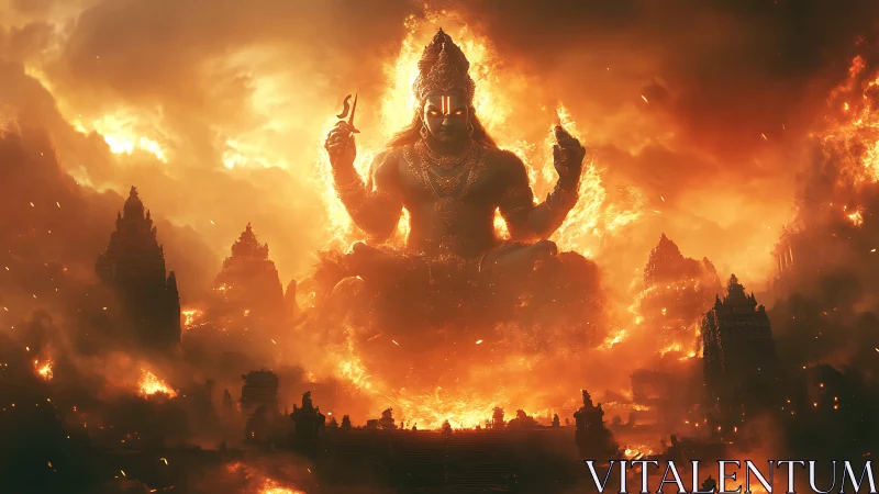 Divine fiery deity over collapsing temples in infernal glow.