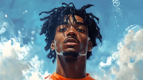 Digital portrait of young man against bright sky background.