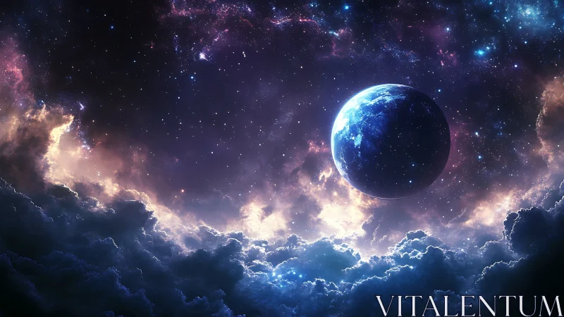 Celestial planet rising above nebula clouds in luminous cosmos.