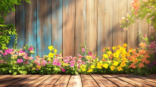 Sunlit cottage garden borders vibrantly against weathered fence