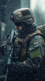 Soldier in winter camouflage gear holding rifle in snow.
