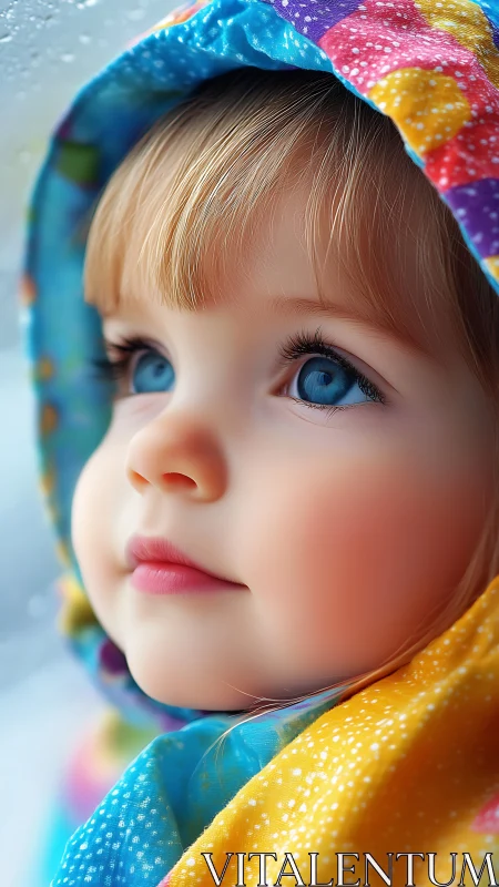 Young child wearing multicolored patterned hooded fabric.