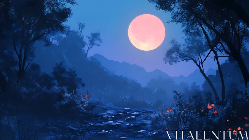 Lunar-illuminated forest path with blue haze and crimson flora