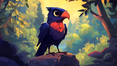 Vibrant cartoon bird perched in sunlit forest, digital art style.