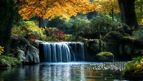 Autumn forest waterfall with golden foliage and calm pool.