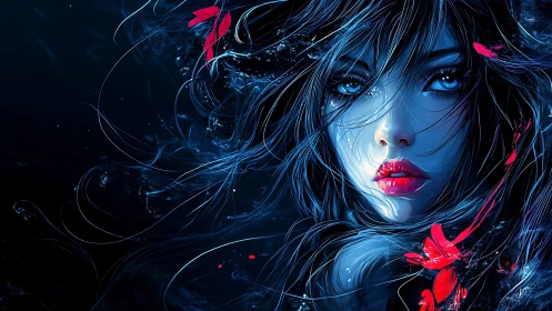 Blue toned digital portrait of woman with red accents.